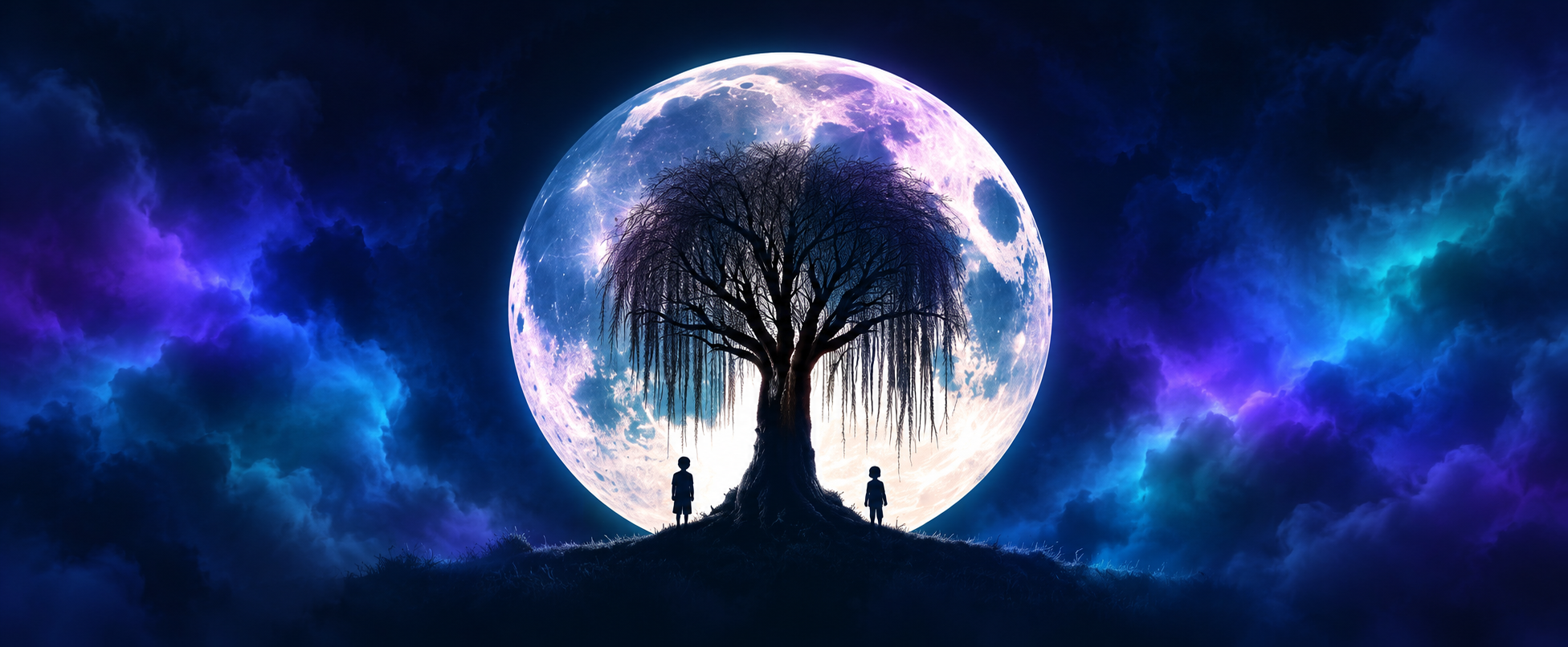 A luminous moon behind a dark tree and two boys, surrounded by blue, purple, and teal clouds.