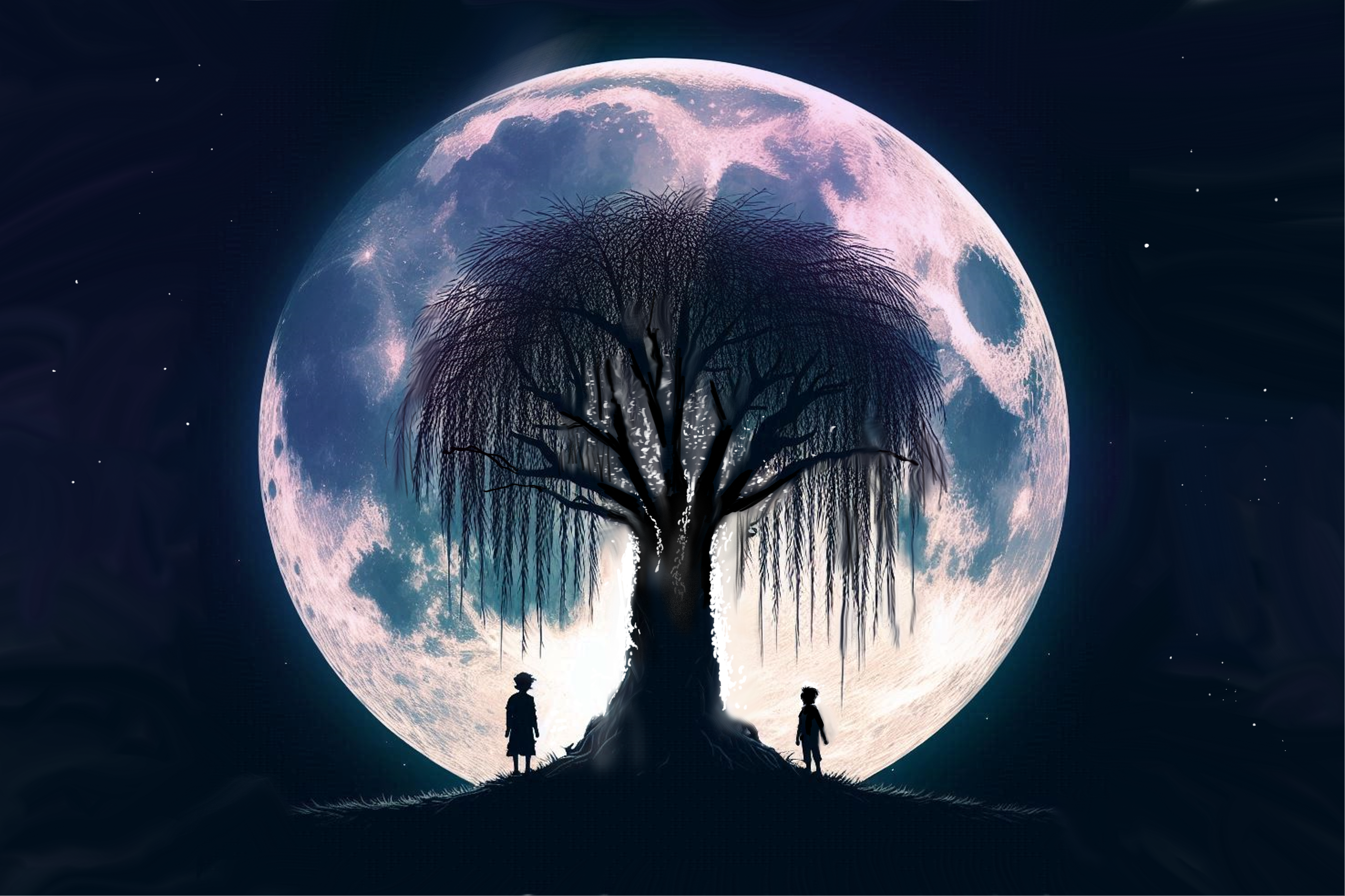 West Wind Storm’s original artwork: a dark tree and two small figures in front of a luminous blue and pink full moon, surrounded by stars.